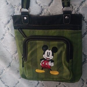 DISNEY Vintage Mickey Mouse Green Stripe Canvas Crossbody Bag - adjustable strap